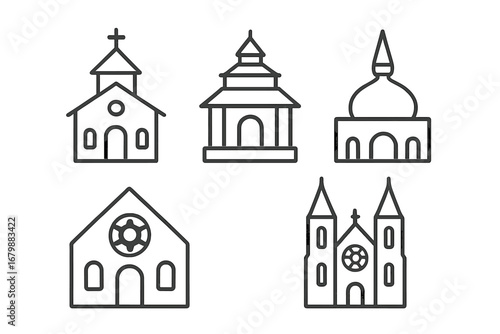Religious buildings outline icon set. Vector collection of church, temple, mosque, synagogue, cathedral icons. Thin line illustration for faith, worship, architecture.