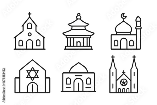 Religious buildings outline icon set. Church, temple, mosque, synagogue, cathedral, pagoda. Faith and worship concept. Vector line art illustration for spiritual design.