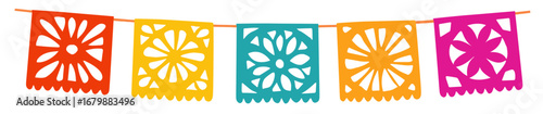 Colorful decoration, cut out garland. Dia de los Muertos, Mexican Day of the Dead. Halloween paper bunting flags, papel picado. Isolated vector hand drawn birthday party decor. Festa Junina holiday