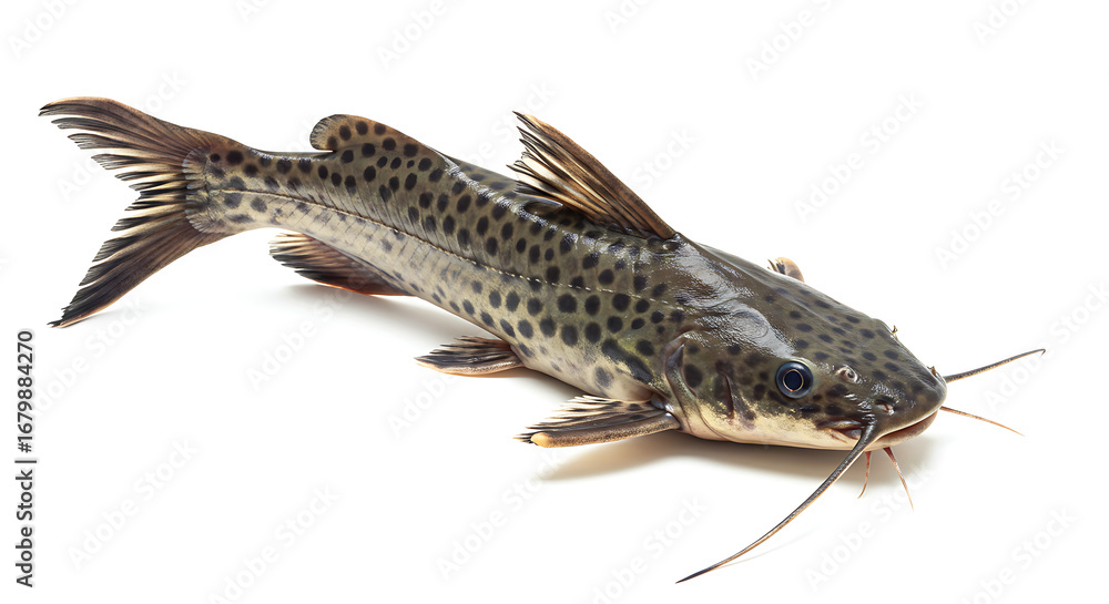 Fototapeta premium Freshwater pintado (catfish) isolated on white background, elongated body with visible dark spots