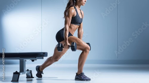 Female athlete performing bulgarian split squat with dumbbells, demonstrating strength training technique in well lit fitness environment