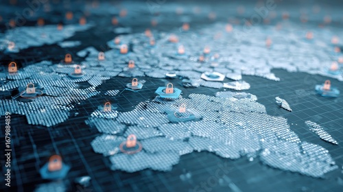 Global security network map, showcasing a complex system of digital locks overlaid on a detailed world map.