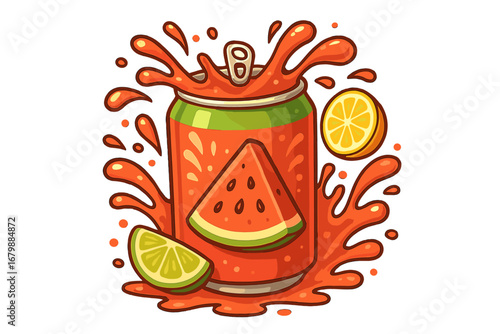 Cartoon watermelon soda can with fruit juice splash and citrus slices. Vector illustration for summer refreshment, fresh beverage, or soft drink packaging design concept.