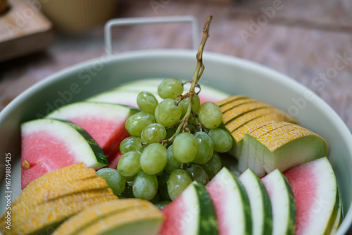 Fresh fruit on the plate. Close up. 