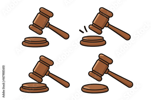 Gavel icon set. Judge hammer for law and justice. Vector cartoon illustration for court, auction, verdict. Legal authority and judgment symbol collection. Courtroom decision.