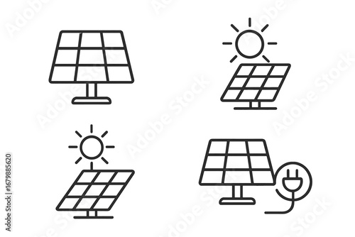 Solar panel icon set. Clean, renewable energy concept. Alternative electricity from sun. Sustainable technology vector symbols. Photovoltaic cell line art illustration graphic.