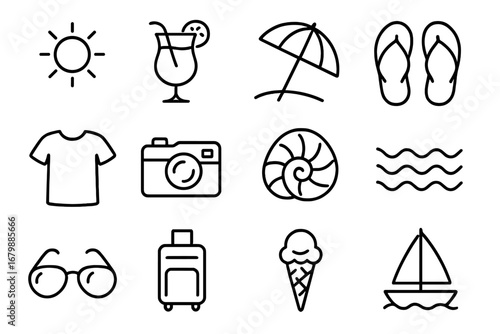Summer beach vacation line icon set. Holiday travel essentials vector collection. Sun, cocktail, umbrella, flip flops, camera, shell, sea, sunglasses, luggage, ice cream, boat.