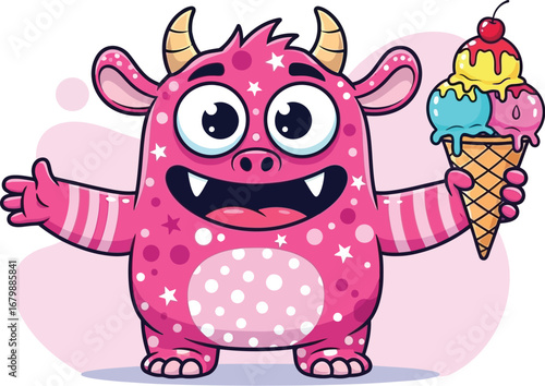 A pink monster with horns holding a colorful ice cream cone with a cherry on top and a big smile