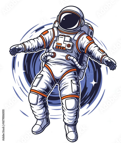 Cartoon astronaut floating in space with stars and a swirling vortex behind the figure in dark blue