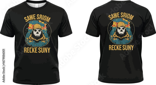 Front and back views of a black t shirt with a skull wearing a hard hat design on it printed on both sides