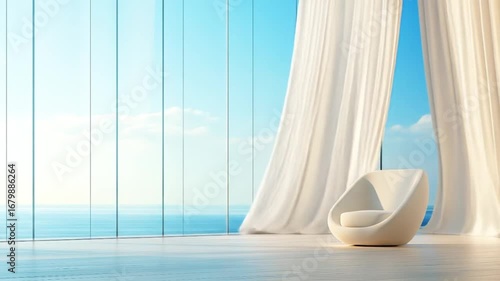 A serene, modern room with panoramic ocean views, featuring sheer curtains and a minimalist armchair.