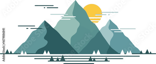 Illustration of three mountains with a yellow sun and stylized water on a white background