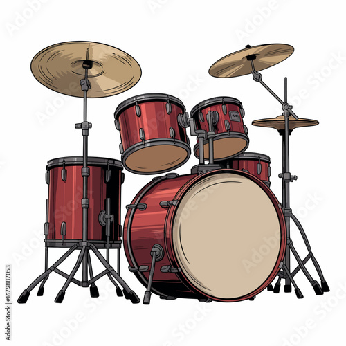 Professional red drum kit with cymbals and stands isolated on white background