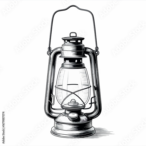 Vintage oil lantern with handle and glass globe illustration