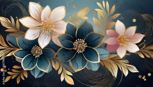 striking abstract of flowers with gold leaf accents creating a sense of luxury and elegance in the floral design