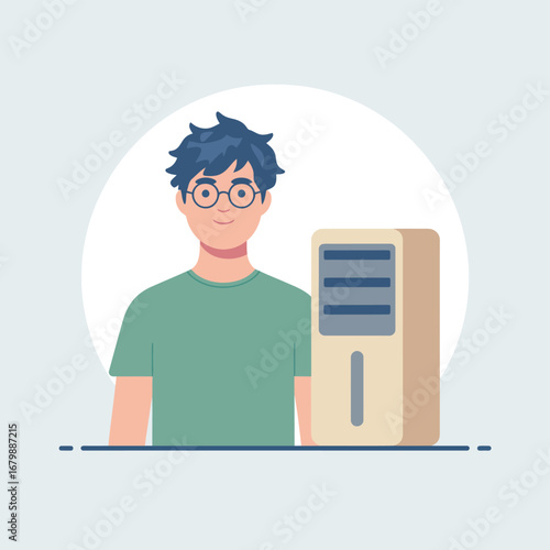Young man standing next to a modern air cooler unit