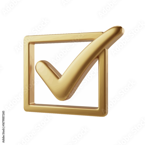 Golden check mark inside a wooden square frame on white background
