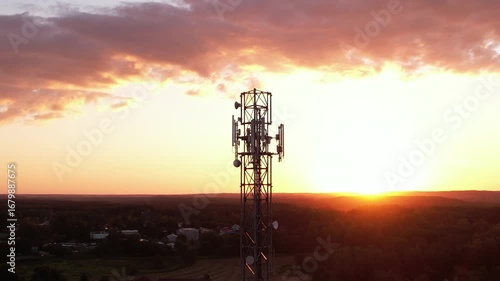 Aerial View of Tower Antenna Telecommunication Cell Phone, Radio Transmitters of Cellular 5g 4g Mobile Phone. Cellular Mobile Signals Providing High Speed 4g and Modern 5g Traffic Network Service.