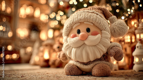 Cute Santa Claus doll with knitted hat poses in warmly lit room at Christmas. Generated with AI