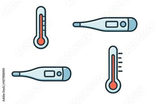 Thermometer icon set. Measure temperature symbol collection. Electronic digital and classic analog thermometers. Vector cartoon graphic for medical, fever, weather, and science.