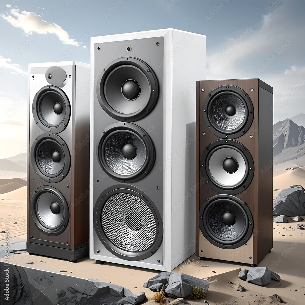 Fototapeta premium Three modern audio speakers, white and brown, showcased against a desert backdrop, exuding a sense of high-end audio quality.