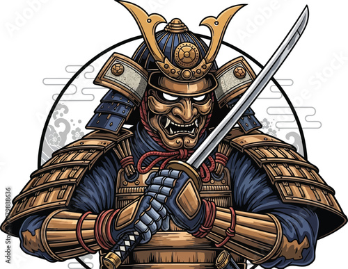 Illustration of a samurai warrior in full armor holding a katana sword with a menacing mask on face