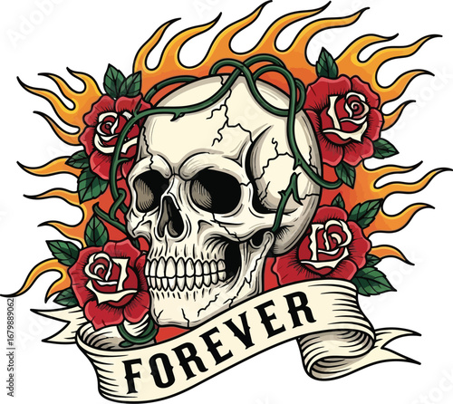 Skull with roses and flames and a banner with the word forever in a tattoo style illustration