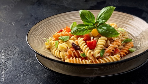 a close up view of delicious pasta primavera garnished with fresh basil against a dark slate background highlighting rich textures and vibrant colors inviting and warm ambiance