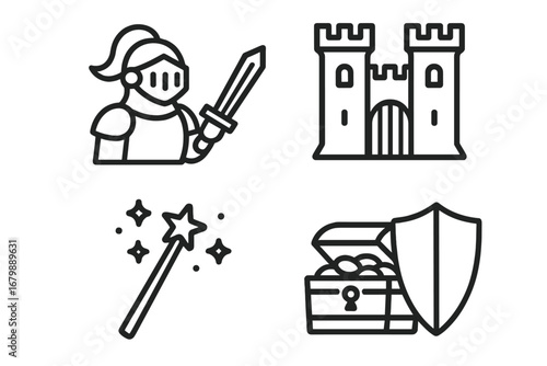 Medieval fantasy outline icon set with knight, castle, magic wand, and treasure shield. Vector line art for adventure, RPG games, history, and fairytale quest themes.