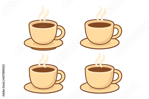 Set of hot coffee cups with steam. Vector cartoon illustration for a cafe menu, coffee shop logo, or beverage icon. Fresh morning espresso or cappuccino drink concept.