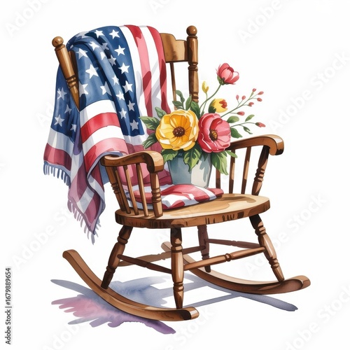 Colorful Watercolor Illustration of a Rocking Chair Adorned With Flowers and an American Flag Blanket