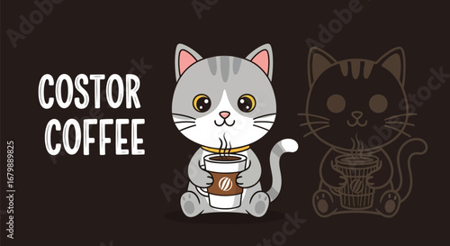 Cartoon cat holding a cup of coffee with costor coffee text on a dark brown background design image