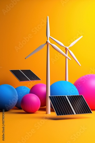 Abstract Renewable Energy Wind Turbines and Solar Panels with Colorful Spheres