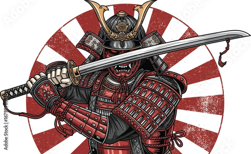 Illustration of a samurai warrior in red armor holding a katana with a rising sun background