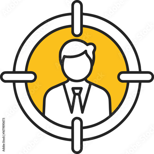 Vector art of target audience concept with a person in a crosshair, representing customer focus, market segmentation, and demographic targeting