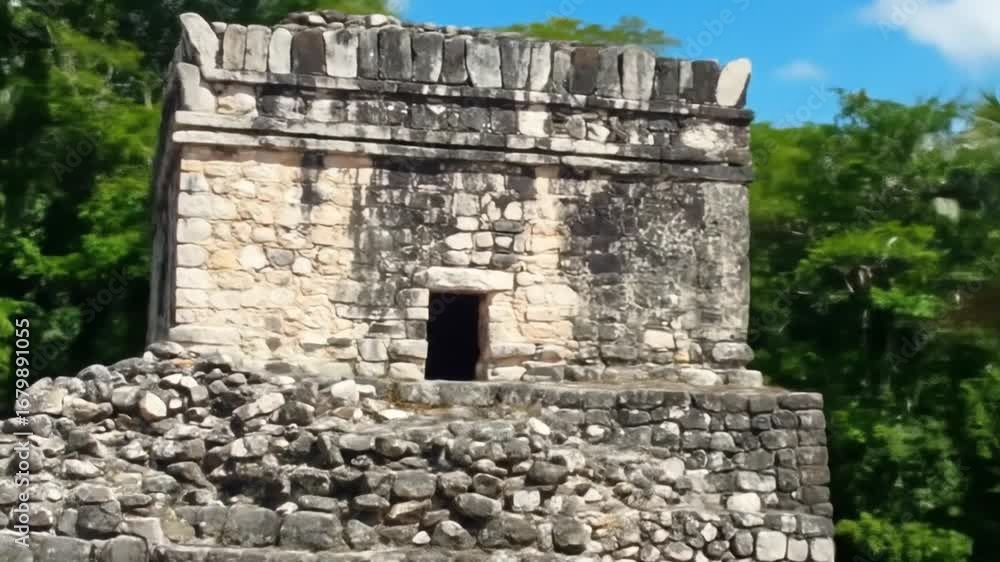 Ancient stone structures in lush landscape