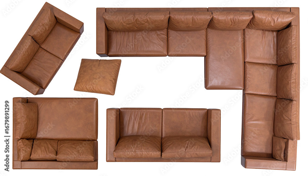 Obraz premium Arrangement of leather sofas in a modern, top-down view. Includes sectional, loveseat, and armchair