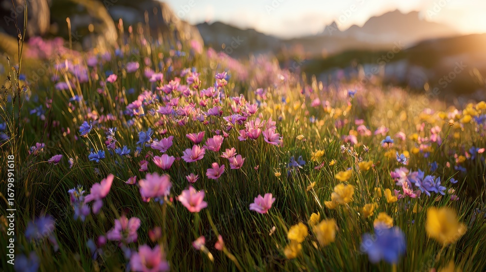 Obraz premium Colorful wildflowers blooming in sunlit meadow at golden hour, vibrant spring nature scene, peaceful outdoor landscape, fresh flowers in soft focus, natural beauty, seasonal floral field with warm 