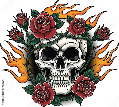 Illustration of skull with roses and thorns surrounded by flames on a white background