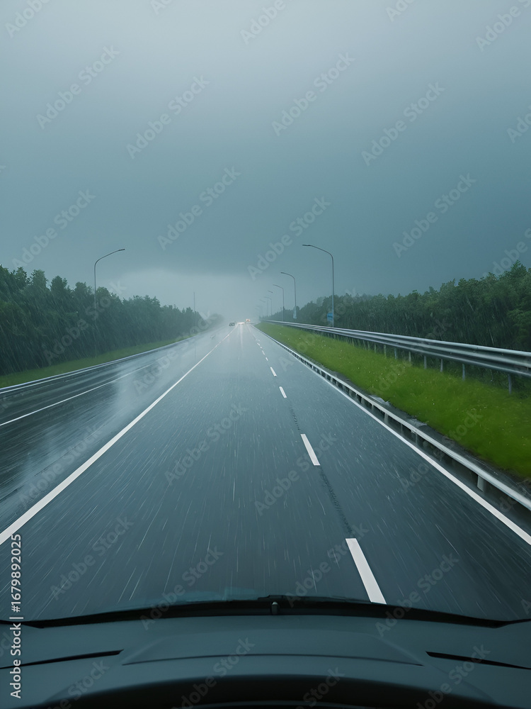 Fototapeta premium POV: Carefully driving along an empty motorway during a severe summer rainstorm. First person view of a dangerous commute down an empty freeway during an intense storm. Driving during rainy season.