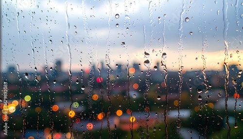 Rain Drops on Glass Window City Bokeh Background