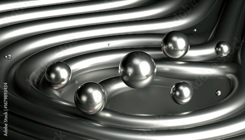 Abstract Macro Shot of Liquid Mercury Droplets on High Gloss Metal Surface