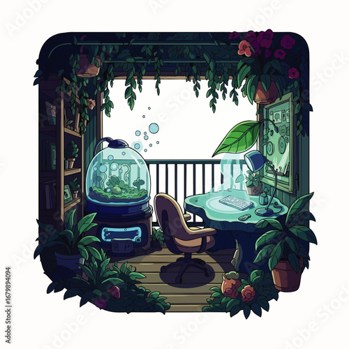 A tranquil, plant-filled balcony workspace, featuring a prominent spherical terrarium and a comfortable desk, creating an inspiring environment for creative work.