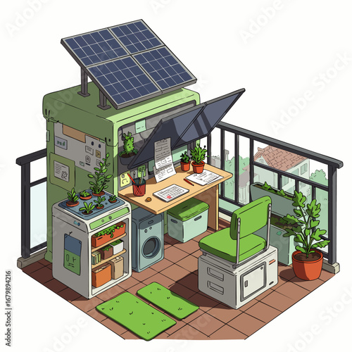 An isometric illustration of a compact, sustainable urban balcony workspace, showcasing solar panels, a home office, and integrated green living.