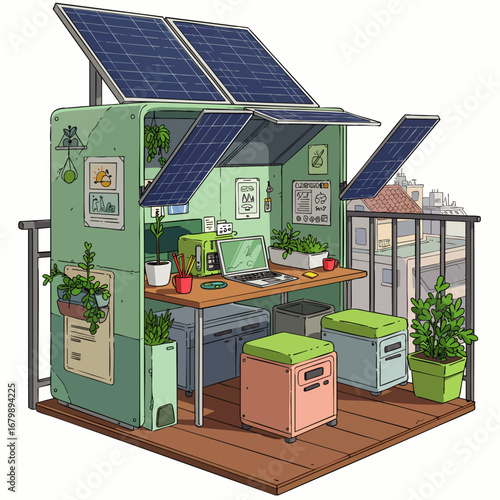 A modern, sustainable balcony office setup with integrated solar panels and vibrant plants, providing an ideal eco-conscious remote work environment.