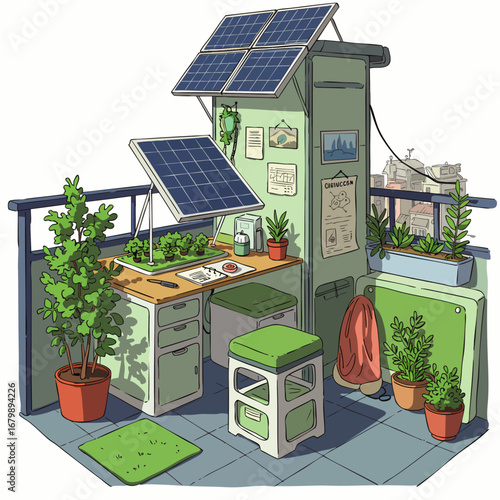A modern urban balcony transforms into an eco-conscious home office, powered by solar panels and adorned with lush greenery, fostering sustainable productivity.