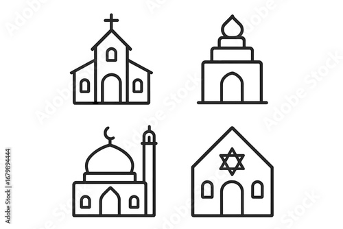 Religious buildings outline icon set. Church, temple, mosque, synagogue icons. Vector illustration for faith, worship, and spirituality concepts. Minimalist line art symbols.