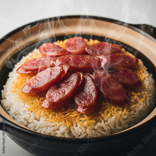 An appetizing and authentic close-up of traditional Hong Kong claypot rice. The eye-level perspective focuses on the sizzling dish, showcasing the vibrant colors of the Chinese sausage and the unique