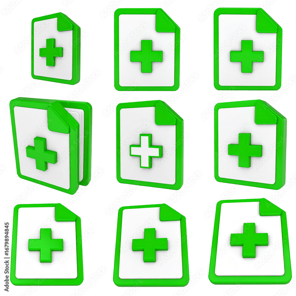 Obraz premium Nine 3D document icons with green plus symbols, hinting creation or addition. Varying perspectives