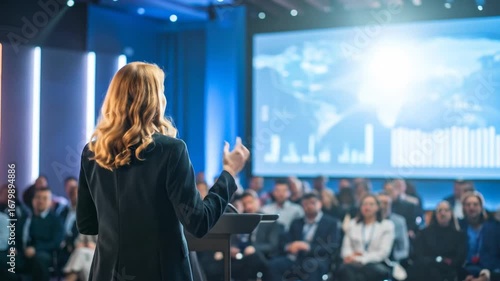 Speaker giving a talk at business meeting audience in the conference hall
